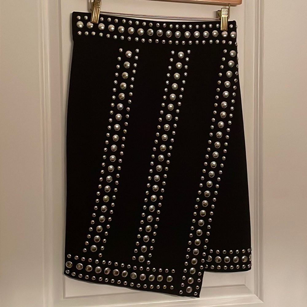 Pencil Knit Stretchy Skirt Embellished With Metal Dots